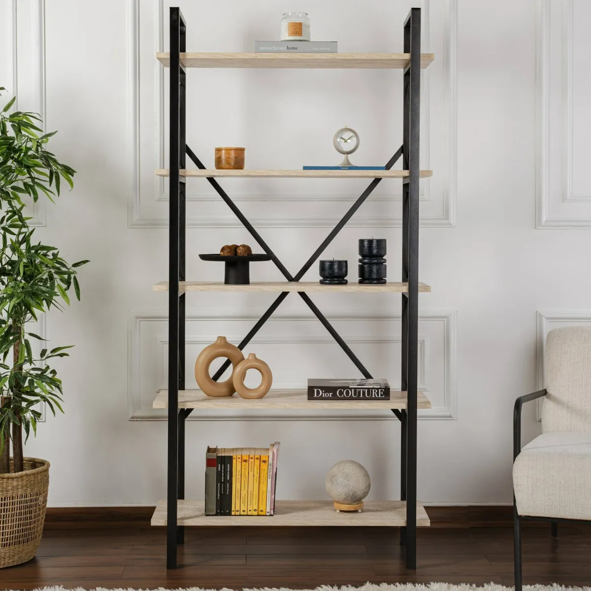 Librerie > Dmora Libreria 5 ripiani beige e nera 90x180h cm - Suriel Nero, Beige