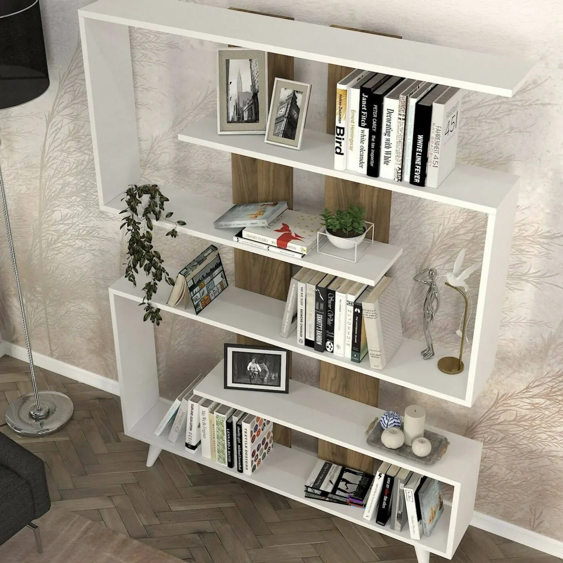 Libreria 5 ripiani bianca e noce 120x162h cm - Spodumene