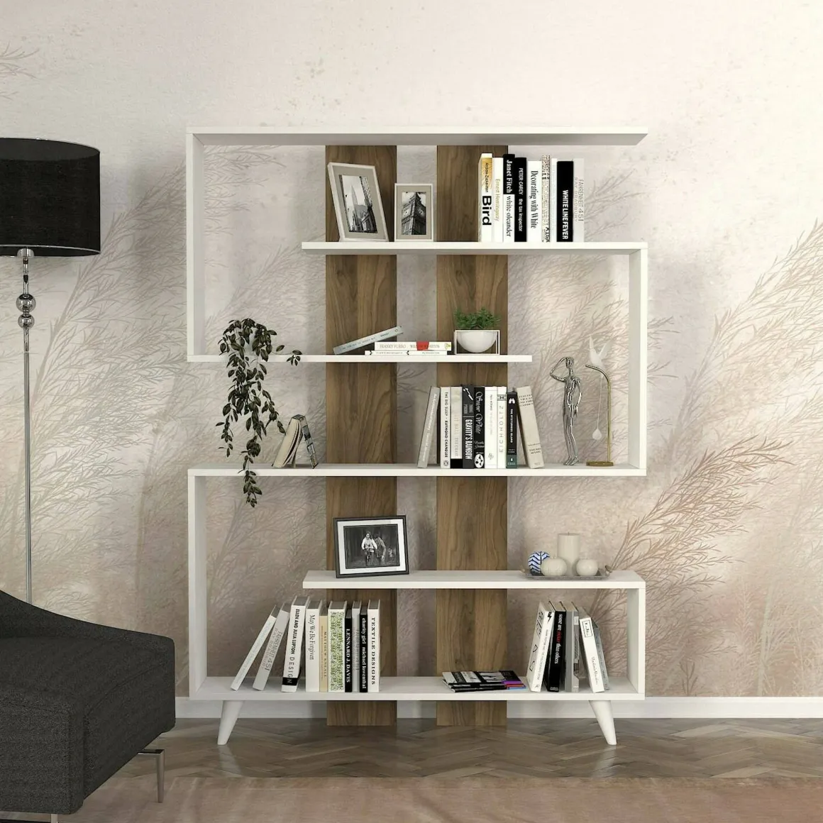 Libreria 5 ripiani bianca e noce 120x162h cm - Spodumene