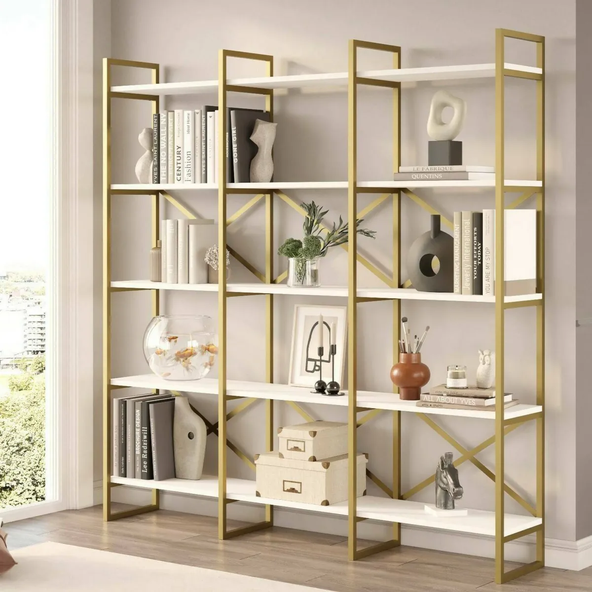 Librerie|Ufficio > Dmora Libreria 5 ripiani bianca e oro 170x175h cm - Gauro Oro, Bianco