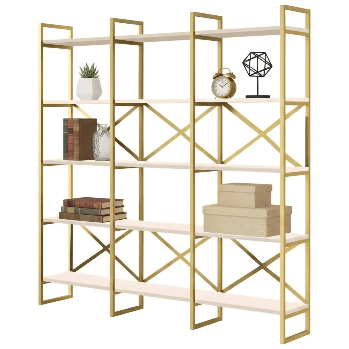 Librerie|Ufficio > Dmora Libreria 5 ripiani bianca e oro 170x175h cm - Gauro Oro, Bianco