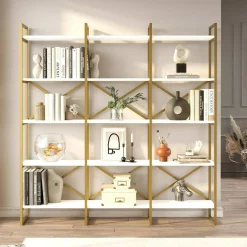 Librerie|Ufficio > Dmora Libreria 5 ripiani bianca e oro 170x175h cm - Gauro Oro, Bianco