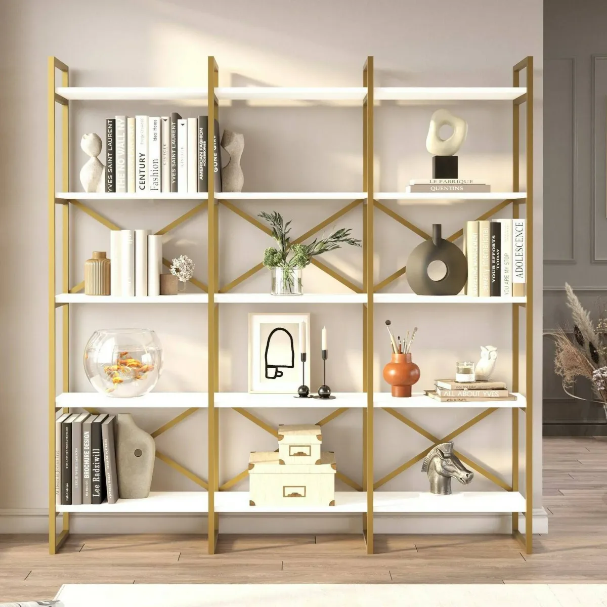 Librerie|Ufficio > Dmora Libreria 5 ripiani bianca e oro 170x175h cm - Gauro Oro, Bianco