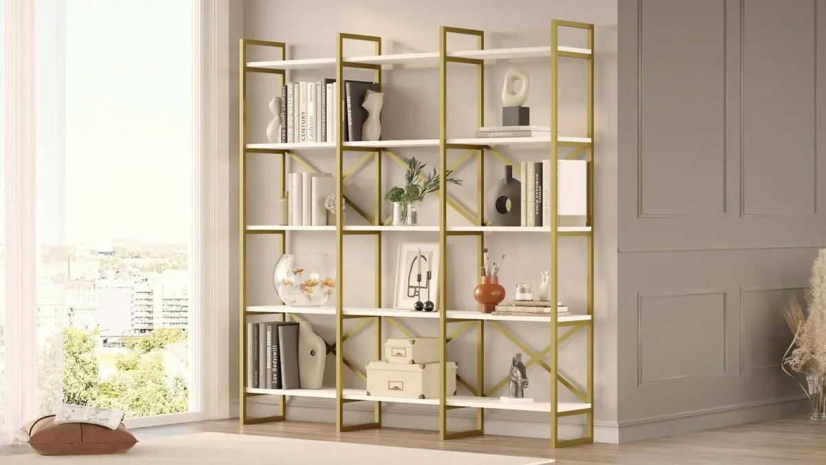 Librerie|Ufficio > Dmora Libreria 5 ripiani bianca e oro 170x175h cm - Gauro Oro, Bianco