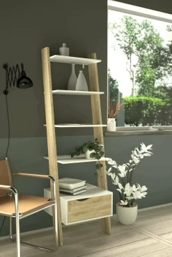 Libreria 4 ripiani bianca e quercia 55x180h cm - Acascia