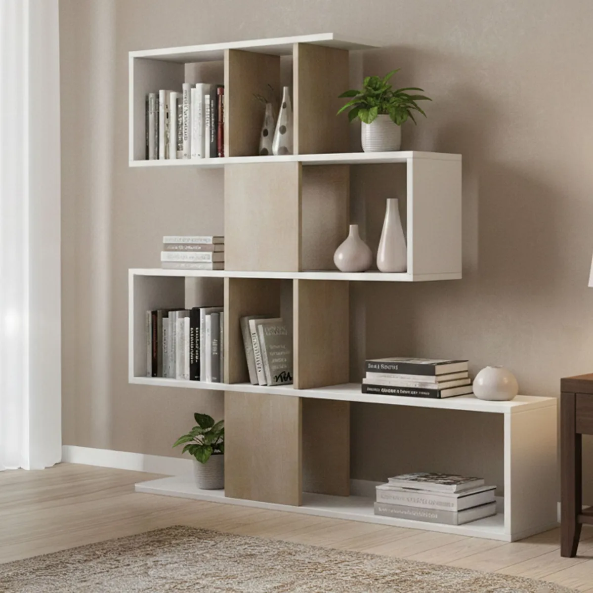 Librerie|Ufficio > Dmora Libreria 4 ripiani bianca e rovere 145x145h cm - Allison Marrone, Bianco Rovere