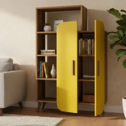 Libreria 5 ripiani noce e gialla 90x132h cm - Agni