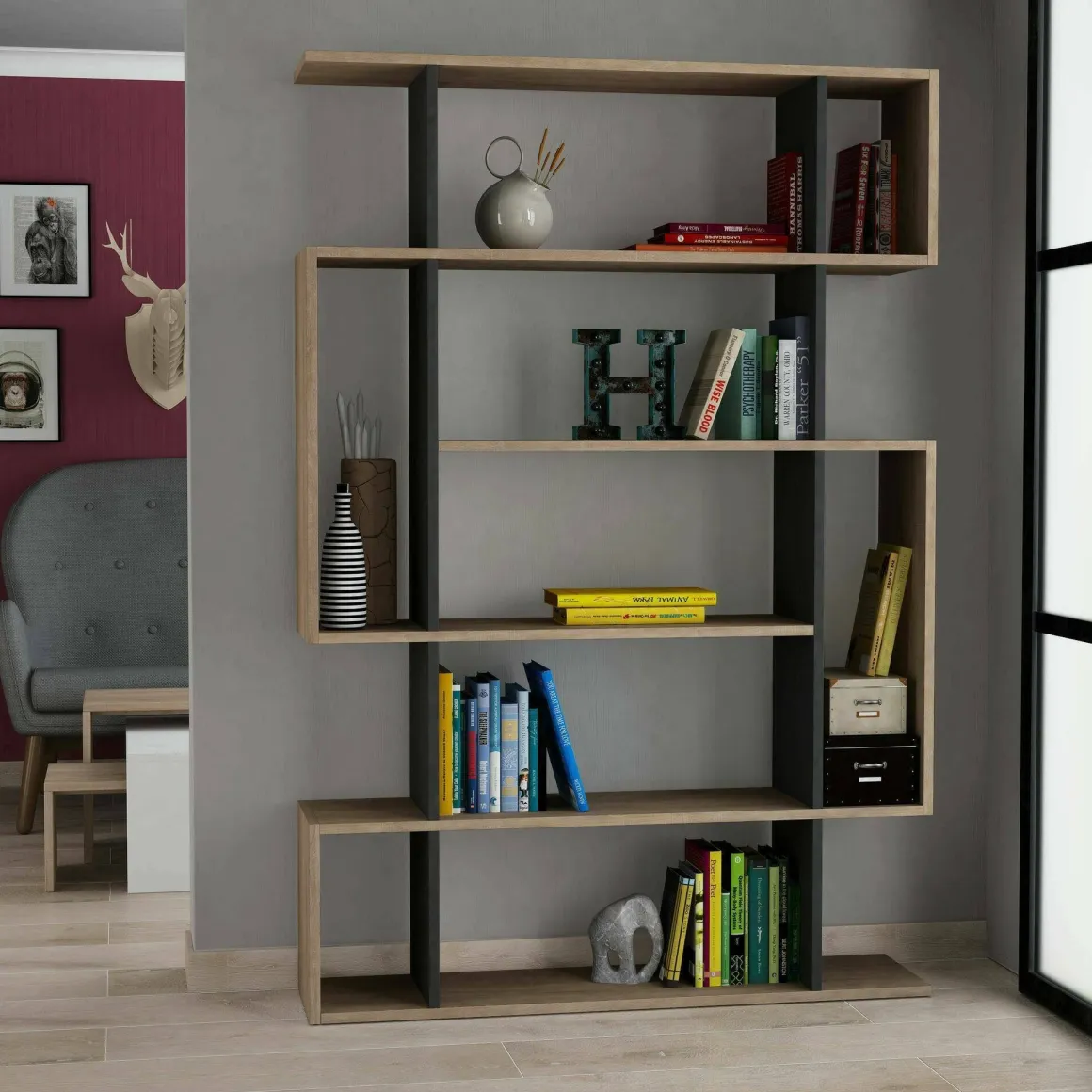 Libreria salvaspazio quercia e antracite 110x161h cm - Agamermis