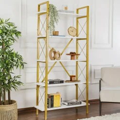Librerie > Dmora Libreria Suriel, 90x34 h180 cm, Bianco e Oro Oro, Bianco