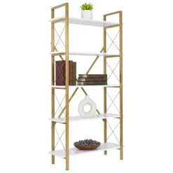 Librerie > Dmora Libreria Suriel, 90x34 h180 cm, Bianco e Oro Oro, Bianco