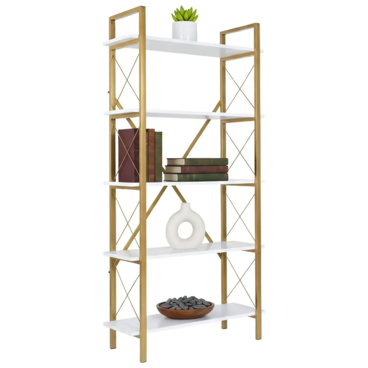 Librerie > Dmora Libreria Suriel, 90x34 h180 cm, Bianco e Oro Oro, Bianco