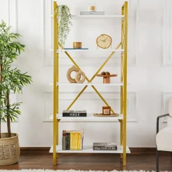 Librerie > Dmora Libreria Suriel, 90x34 h180 cm, Bianco e Oro Oro, Bianco