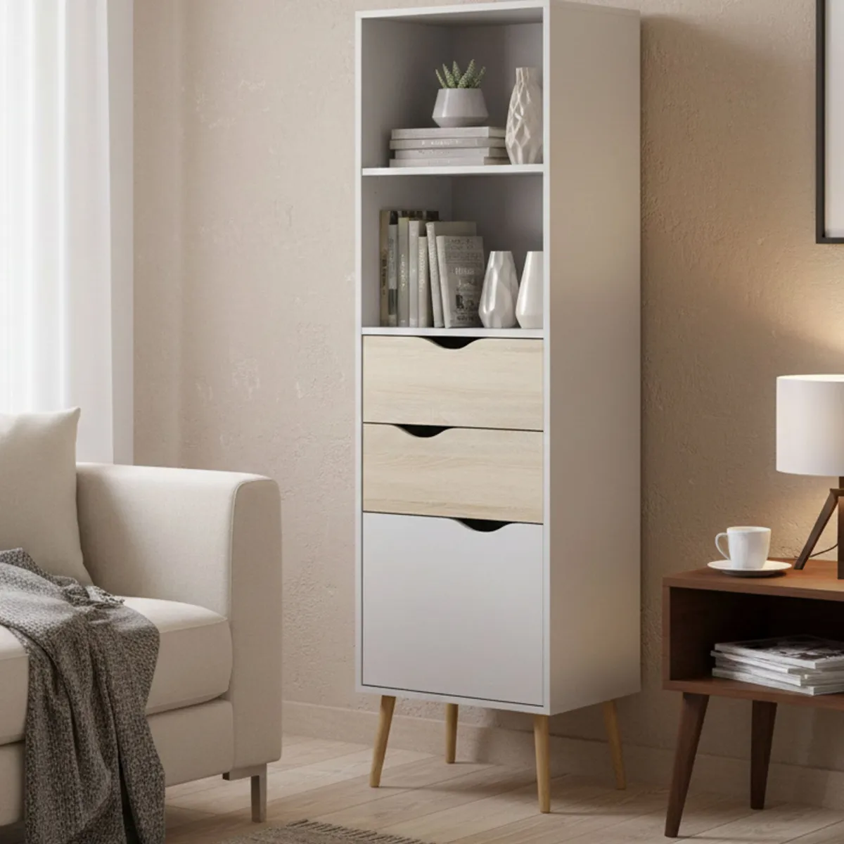 Librerie > Dmora Libreria verticale bianca e quercia 50x171h cm - Assesor Marrone, Bianco Quercia