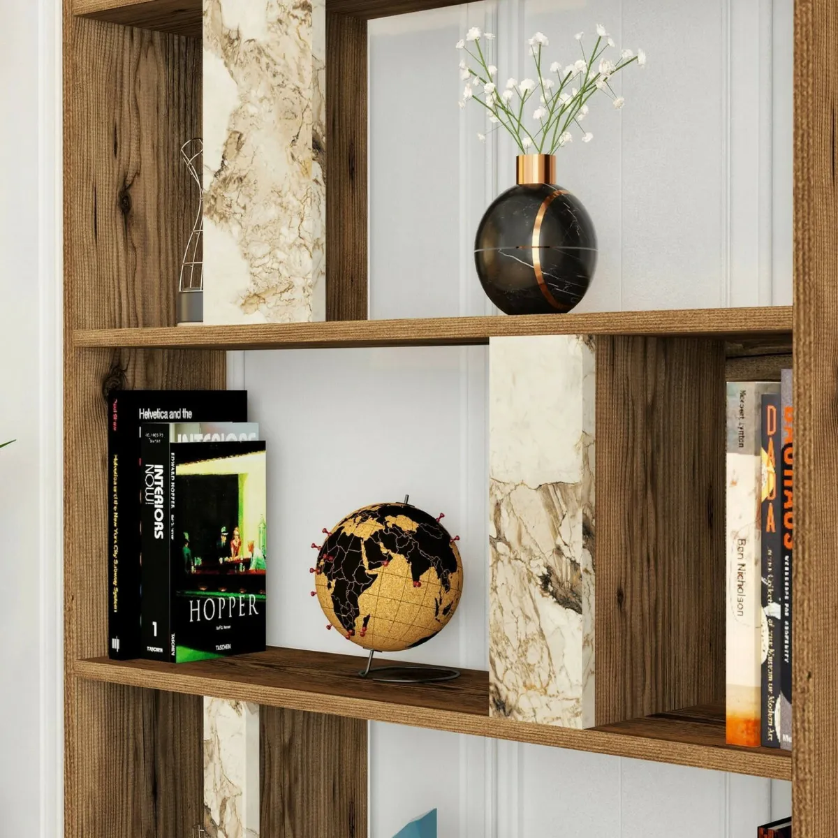 Librerie|Ufficio > Dmora Libreria verticale noce e bianca marmo 90x180h cm - Scapolita Bianco Marmo, Marrone Noce