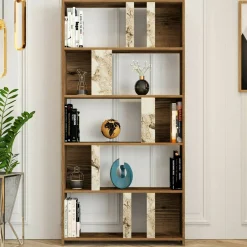 Librerie|Ufficio > Dmora Libreria verticale noce e bianca marmo 90x180h cm - Scapolita Bianco Marmo, Marrone Noce