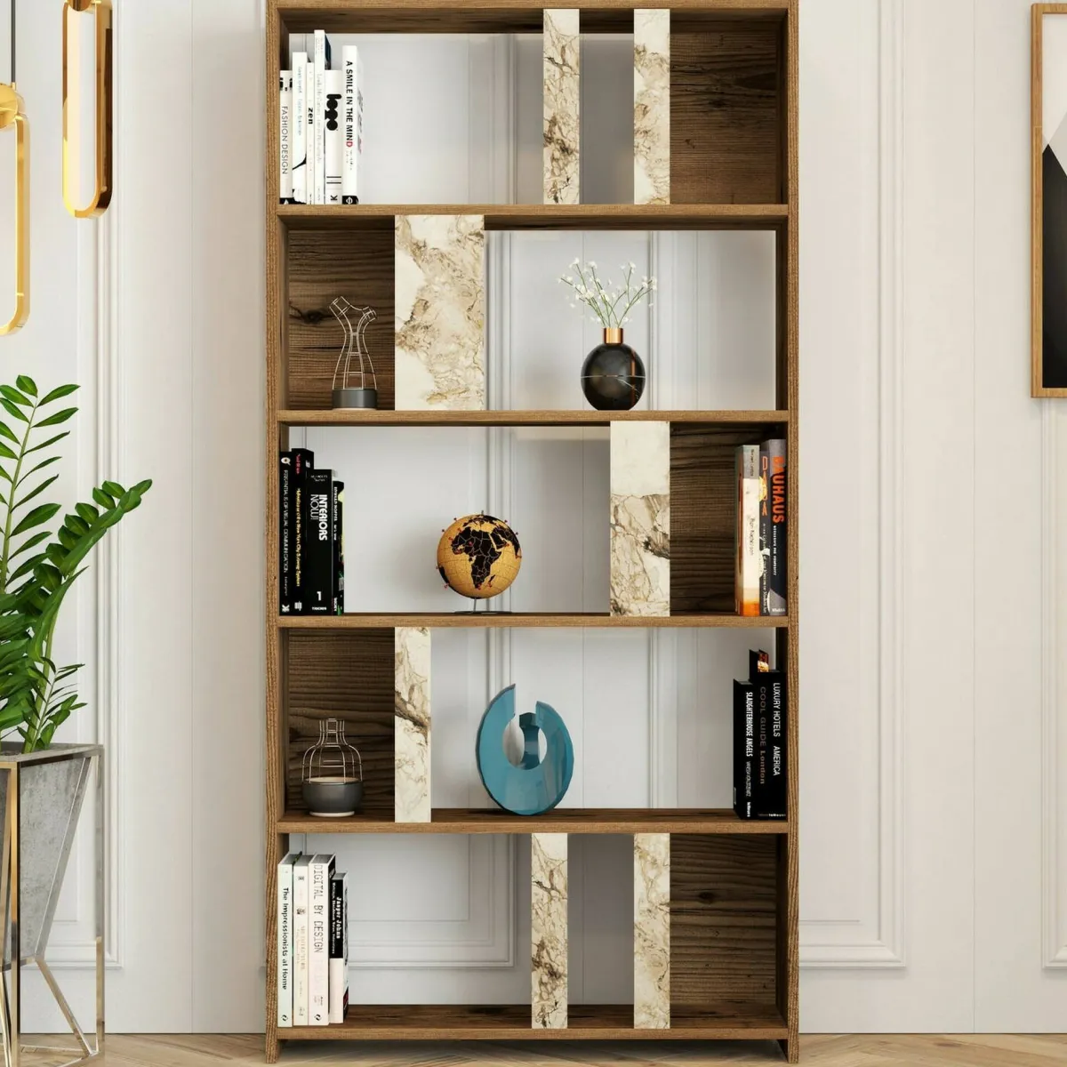 Librerie|Ufficio > Dmora Libreria verticale noce e bianca marmo 90x180h cm - Scapolita Bianco Marmo, Marrone Noce