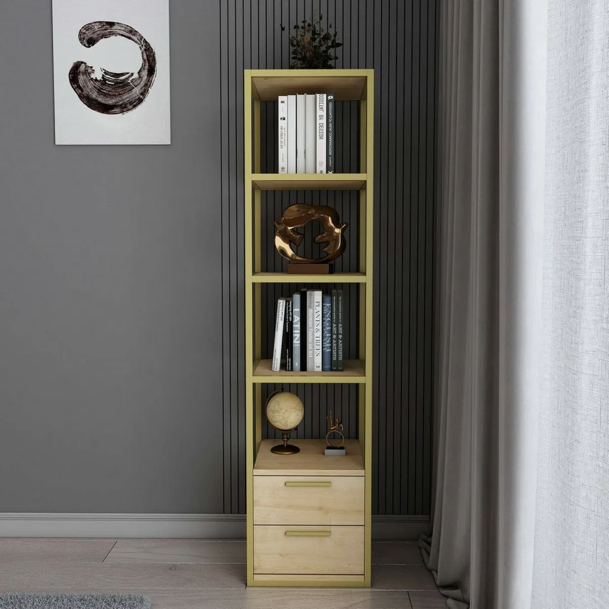 Librerie|Ufficio > Dmora Libreria verticale oro e quercia 39x169h cm - Arsim Marrone, Oro Quercia