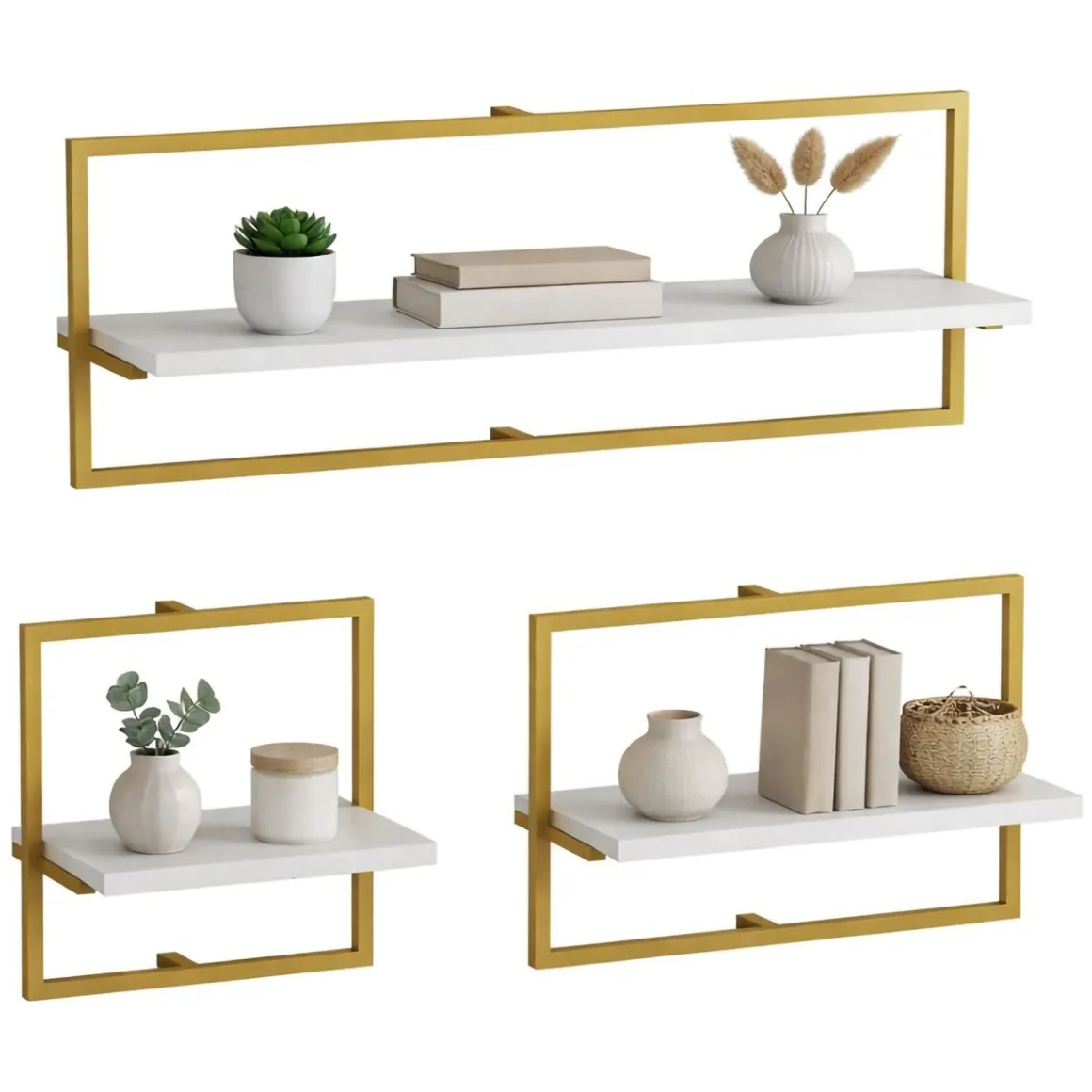 Mensola Bianco oro 3 Ripiani set da 3 80x20x30h cm, Colore Struttura oro - Gerano