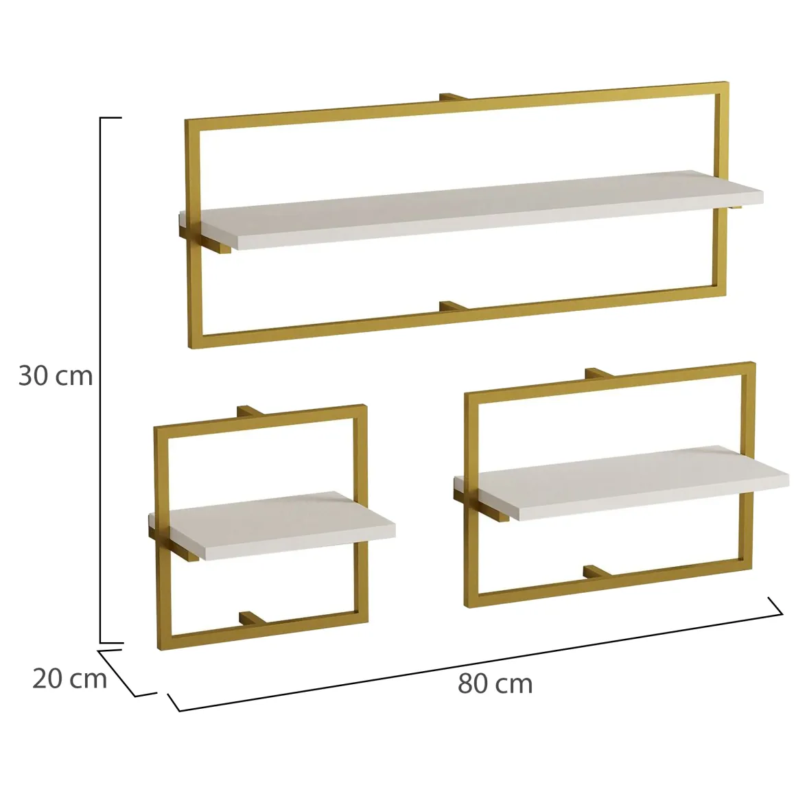 Mensola Bianco oro 3 Ripiani set da 3 80x20x30h cm, Colore Struttura oro - Gerano