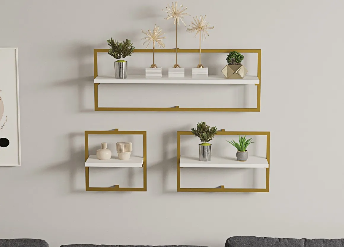 Mensola Bianco oro 3 Ripiani set da 3 80x20x30h cm, Colore Struttura oro - Gerano