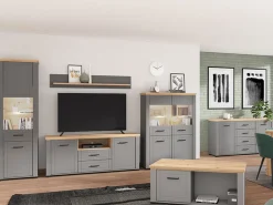 Mensola Grigio Marrone Rovere un Ripiano Dettaglio Geometrico 146x19.5x24h cm, Portata Ripiani 5 - Suelli