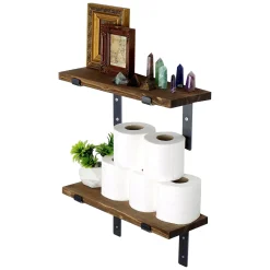 Mensole > Dmora Mensola Marrone Naturale Nero 2 Ripiani in Legno di Abete, Fatto a Mano 40x14x16h cm, Colore Struttura Nero - Trontano Nero, Marrone Naturale