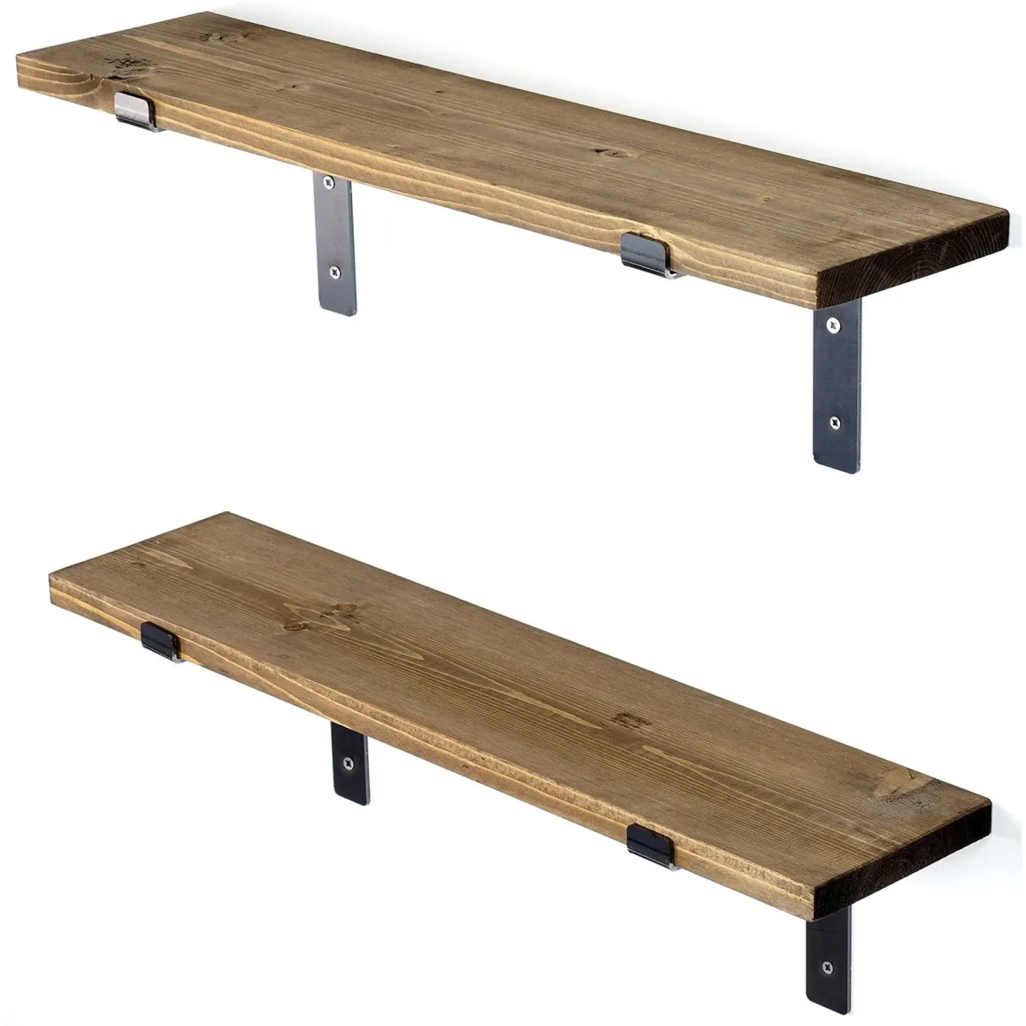 Mensola Marrone Naturale Nero 2 Ripiani in Legno di Abete, Fatto a Mano 60x14x16h cm, Colore Struttura Nero - Canzano