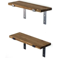 Mensola Marrone Naturale Nero 2 Ripiani in Legno di Abete, Fatto a Mano, set da 2 40x14x16h cm, Colore Struttura Nero - Rende