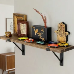 Mensola Marrone Naturale Nero un Ripiano in Legno di Abete, Fatto a Mano 60x14x16h cm, Colore Struttura Nero - Favara