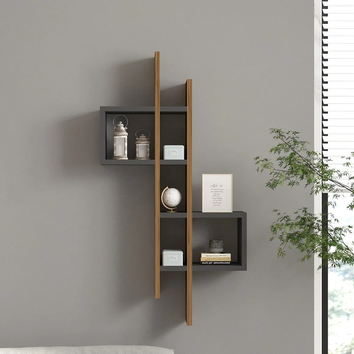 Mensola Marrone Noce Nero Antracite 7 Ripiani Colore Struttura Nero 54x20x108h cm, Sfumatura Colore Struttura Noce - Modugno
