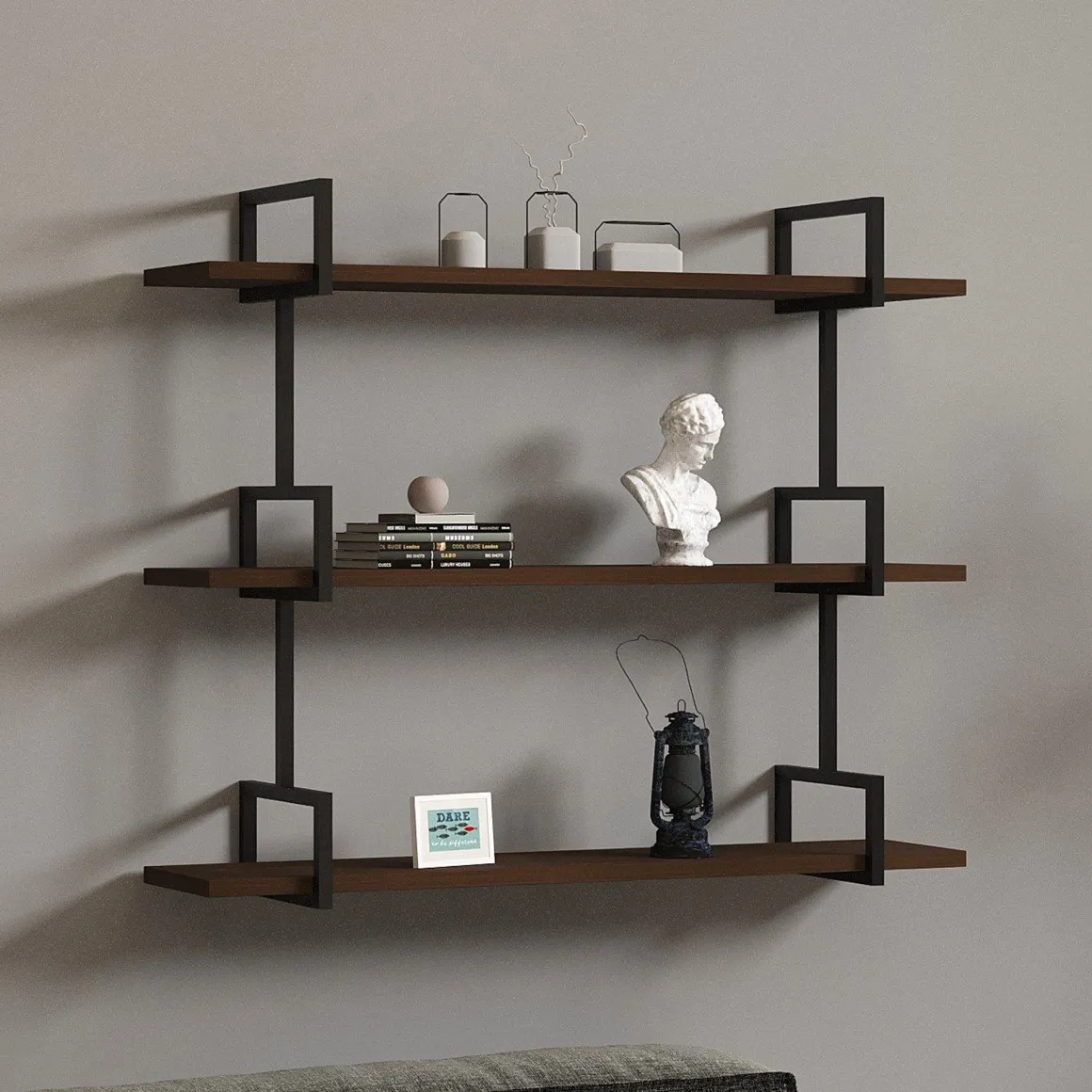 Mensola Marrone Noce Nero 3 Ripiani Colore Struttura Nero 87x23x76h cm, Materiale Struttura in Metallo - Vibrata