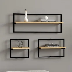 Mensola Marrone Rovere Nero 3 Ripiani set da 3 Mensole 80x20x30h cm, Colore Struttura Nero - Gandosso