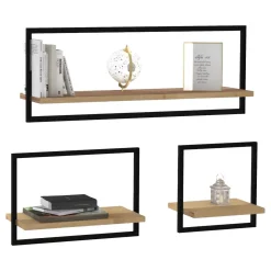 Mensola Marrone Rovere Nero 3 Ripiani set da 3 Mensole 80x20x30h cm, Colore Struttura Nero - Gandosso