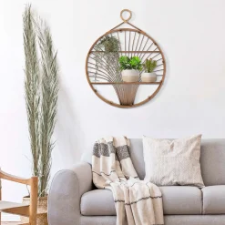 Mensola Marrone Rovere 2 Ripiani Finiture in Rattan 61x11x76h cm, Sfumatura Colore Struttura Rovere - Dalitasa