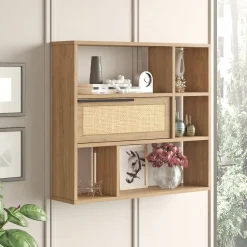 Mensola Marrone Rovere 5 Ripiani Anta Effetto Paglia di Vienna 90x22x81h cm, Sfumatura Colore Struttura Rovere - Coeli
