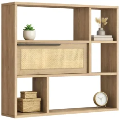 Mensola Marrone Rovere 5 Ripiani Anta Effetto Paglia di Vienna 90x22x81h cm, Sfumatura Colore Struttura Rovere - Coeli