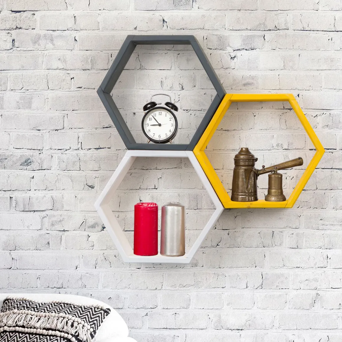 Mensola Nero Antracite Giallo 3 Ripiani Effetto Geometrico 58x9x38h cm, Colore Struttura Giallo - Bulciago