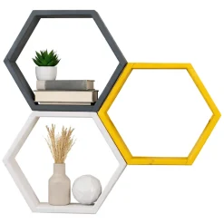 Mensola Nero Antracite Giallo 3 Ripiani Effetto Geometrico 58x9x38h cm, Colore Struttura Giallo - Bulciago