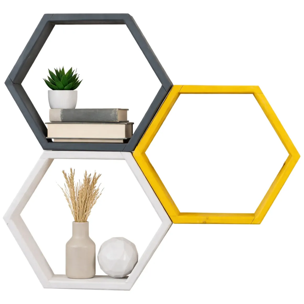 Mensola Nero Antracite Giallo 3 Ripiani Effetto Geometrico 58x9x38h cm, Colore Struttura Giallo - Bulciago