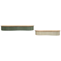 Mensola Verde Beige 2 Ripiani Finitura a Coste Verticali e Piano Effetto Legno 15x20x89h cm, Materiale Struttura in Metallo - Fabalela