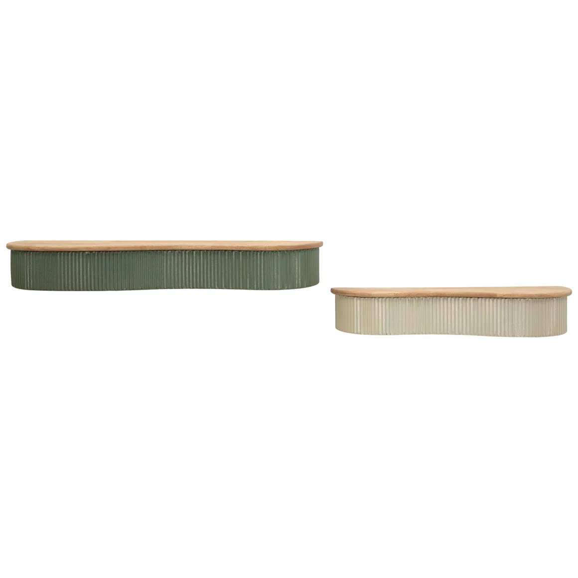 Mensola Verde Beige 2 Ripiani Finitura a Coste Verticali e Piano Effetto Legno 15x20x89h cm, Materiale Struttura in Metallo - Fabalela