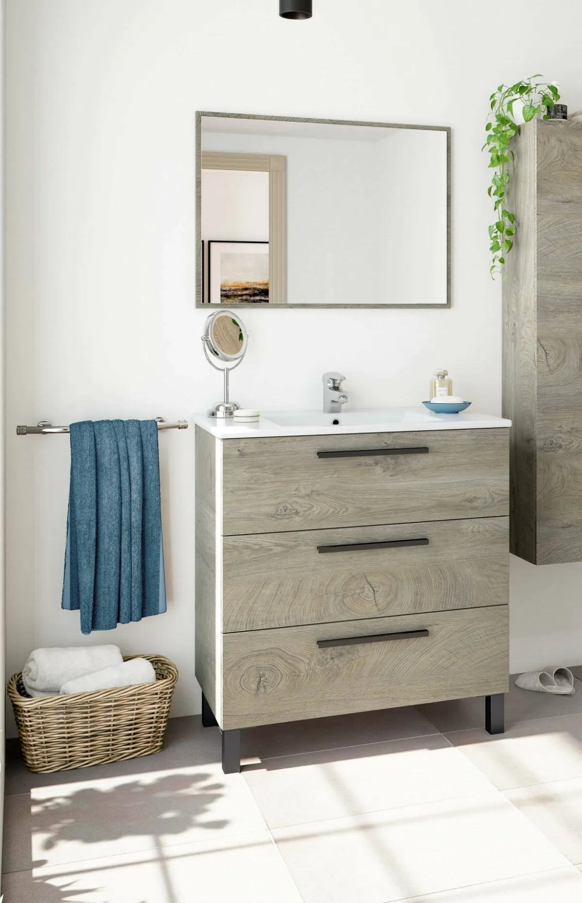 Bagno|Mobili Sottolavabo > Dmora Mobile bagno antigraffio 3 cassetti 80x86x45h cm quercia - Elleboro Marrone Quercia