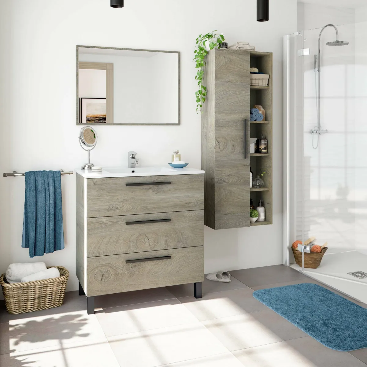 Bagno|Mobili Sottolavabo > Dmora Mobile bagno antigraffio 3 cassetti 80x86x45h cm quercia - Elleboro Marrone Quercia