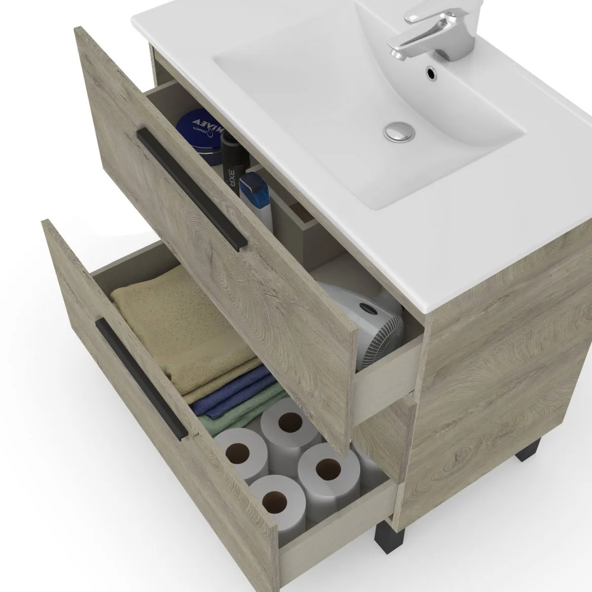 Bagno|Mobili Sottolavabo > Dmora Mobile bagno antigraffio 3 cassetti 80x86x45h cm quercia - Elleboro Marrone Quercia