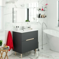 Bagno|Mobili Sottolavabo > Dmora Mobile bagno con specchio 80x45x80h cm antracite e rovere - Avona Marrone Rovere, Nero Antracite