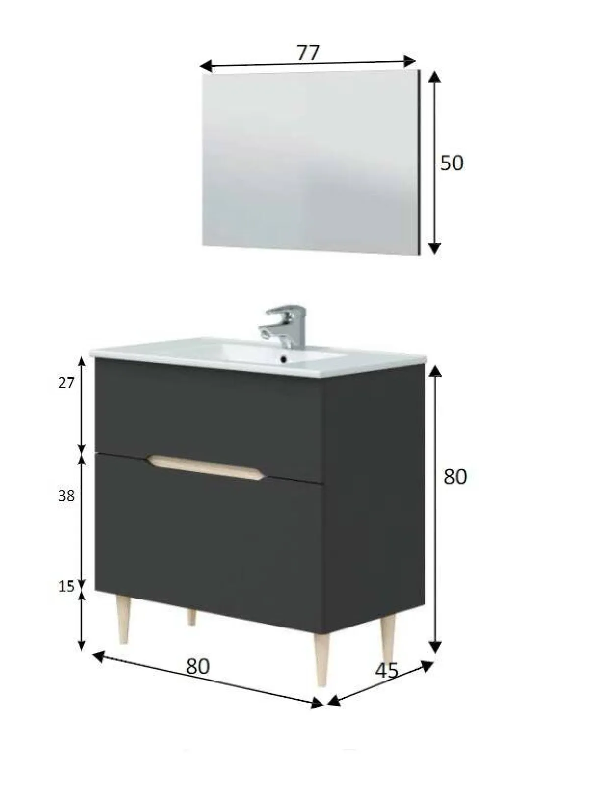 Bagno|Mobili Sottolavabo > Dmora Mobile bagno con specchio 80x45x80h cm antracite e rovere - Avona Marrone Rovere, Nero Antracite