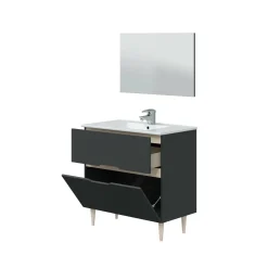 Bagno|Mobili Sottolavabo > Dmora Mobile bagno con specchio 80x45x80h cm antracite e rovere - Avona Marrone Rovere, Nero Antracite