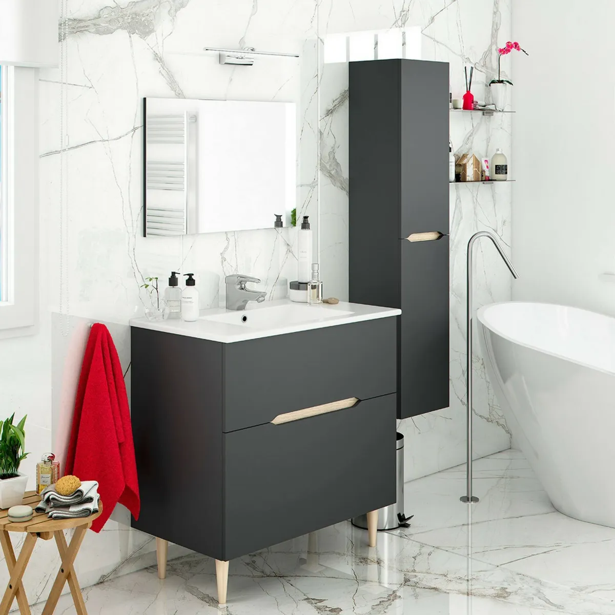 Bagno|Mobili Sottolavabo > Dmora Mobile bagno con specchio 80x45x80h cm antracite e rovere - Avona Marrone Rovere, Nero Antracite