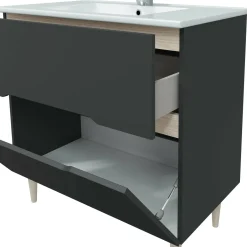 Bagno|Mobili Sottolavabo > Dmora Mobile bagno con specchio 80x45x80h cm antracite e rovere - Avona Marrone Rovere, Nero Antracite
