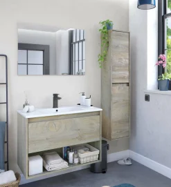Bagno|Mobili Sottolavabo > Dmora Mobile bagno sospeso con specchio 80x57x45h cm - Albino Bianco Lucido